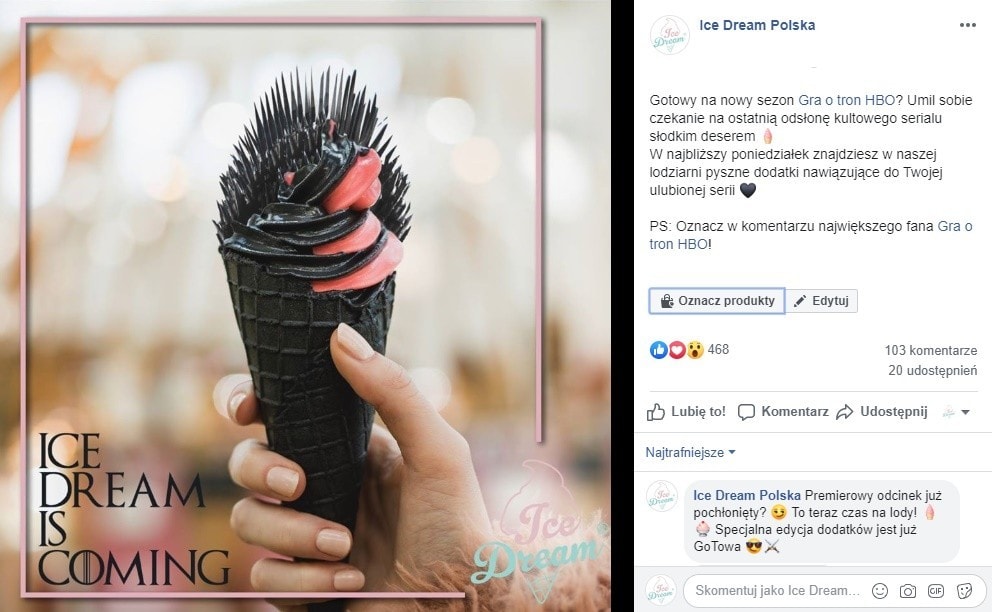 Facebook post by Ice Dream Polska: a black ice cream styled as an iron throne under the line "ICE DREAM IS COMING", with Polish copy inviting fans to mark the new Game of Thrones season with a dessert.
