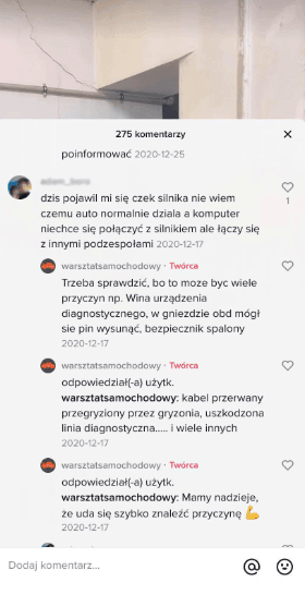 More Polish comments under the same @warsztatsamochodowy video, the workshop diagnosing an electrical fault and signing off "Mamy nadzieję, że uda się szybko znaleźć przyczynę" ("We hope the cause turns up quickly").