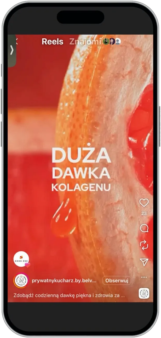 Rolka wideo Belvedere na smartfonie — kadr „Duża dawka kolagenu” z bulionem