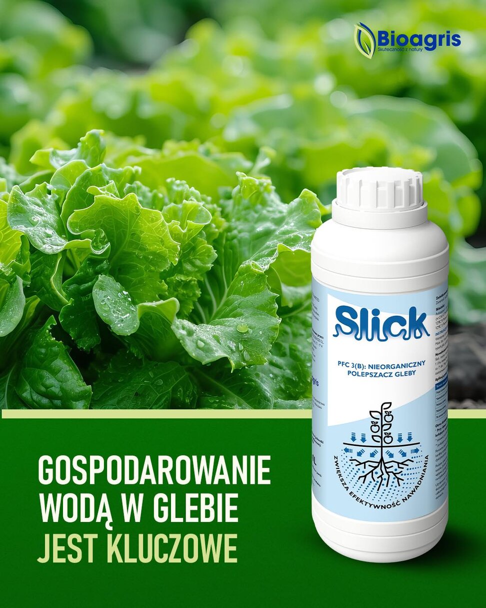 Kreacja Bioagris — butelka Slick na tle zielonej sałaty, hasło „Gospodarowanie wodą w glebie jest kluczowe”