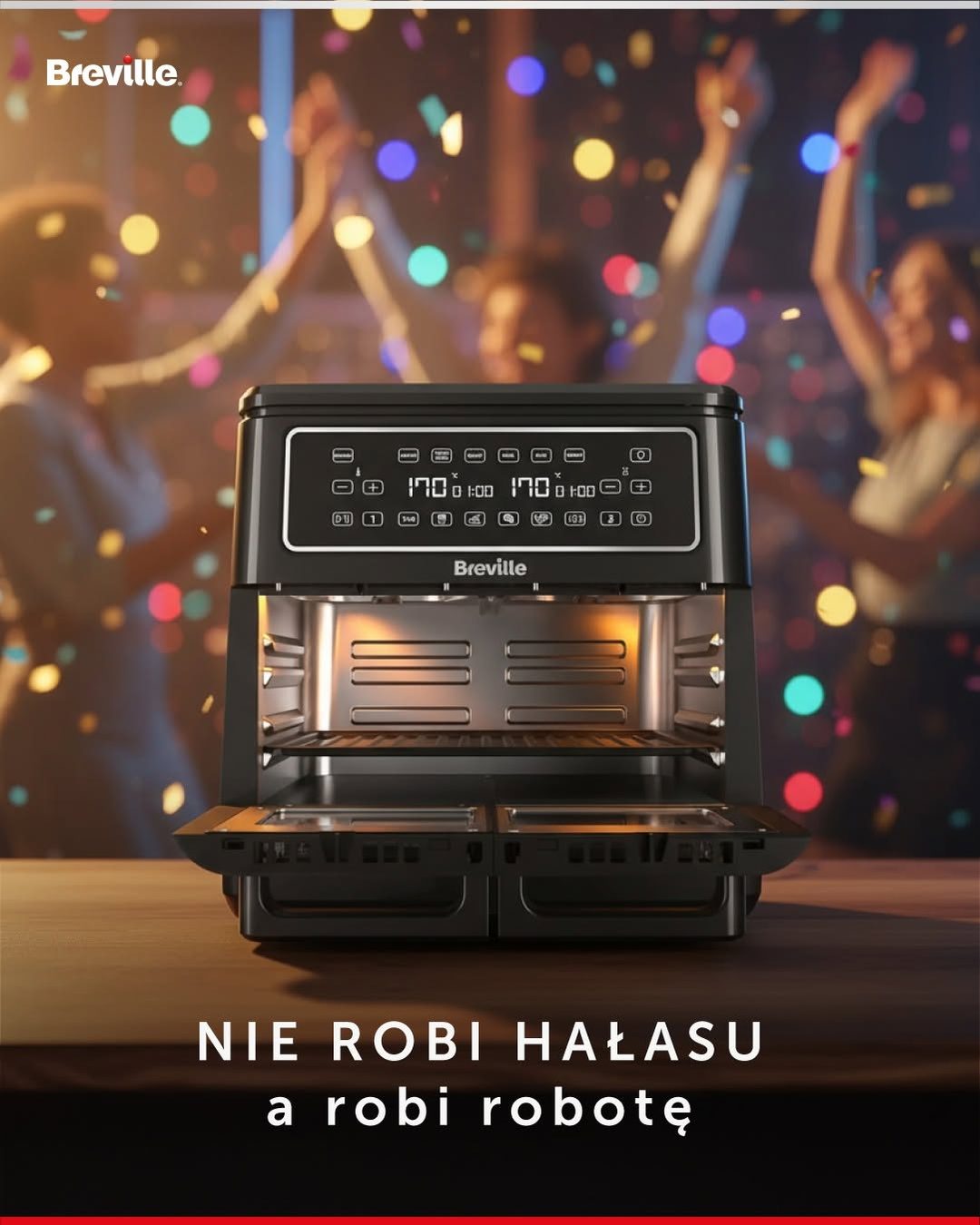 Kreacja Breville z frytkownicą na tle rozmytej imprezy z konfetti, hasło „Nie robi hałasu, a robi robotę”