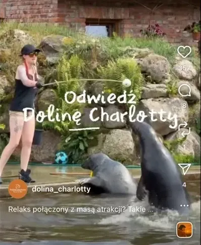 Kadr z reelsa Doliny Charlotty — ujęcie nad wodą z hasłem „Odwiedź Dolinę Charlotty”