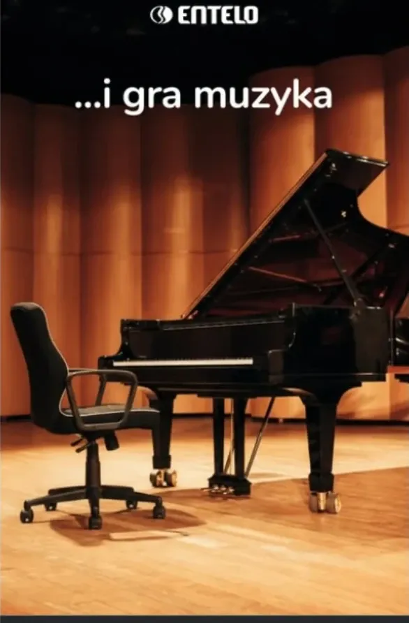 Entelo creative with a grand piano and the tagline "…and the music plays", referencing the Chopin Competition