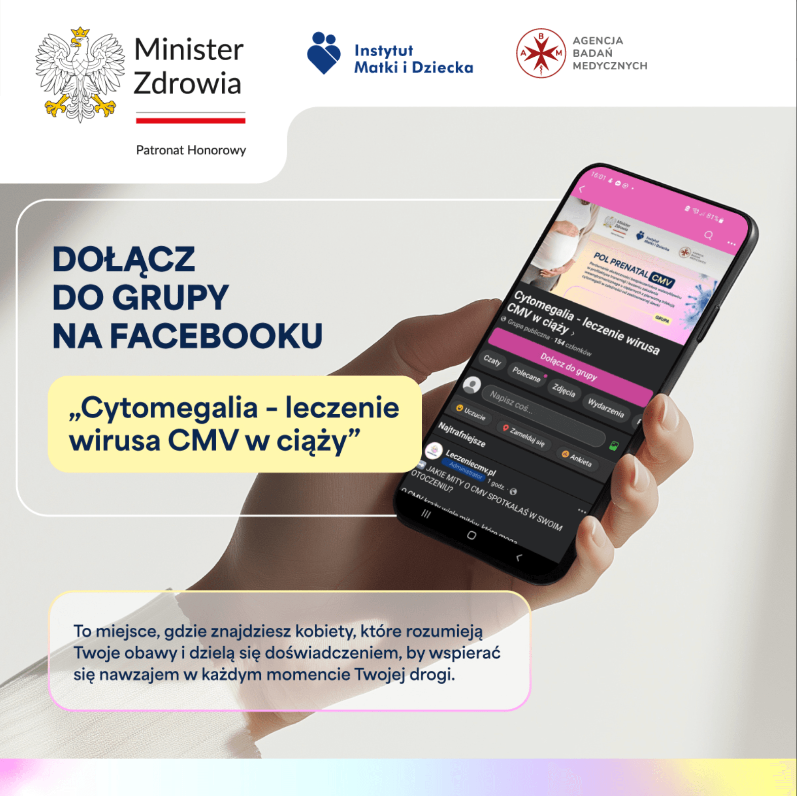 Kreacja zapraszająca do grupy na Facebooku „Cytomegalia — leczenie wirusa CMV w ciąży”