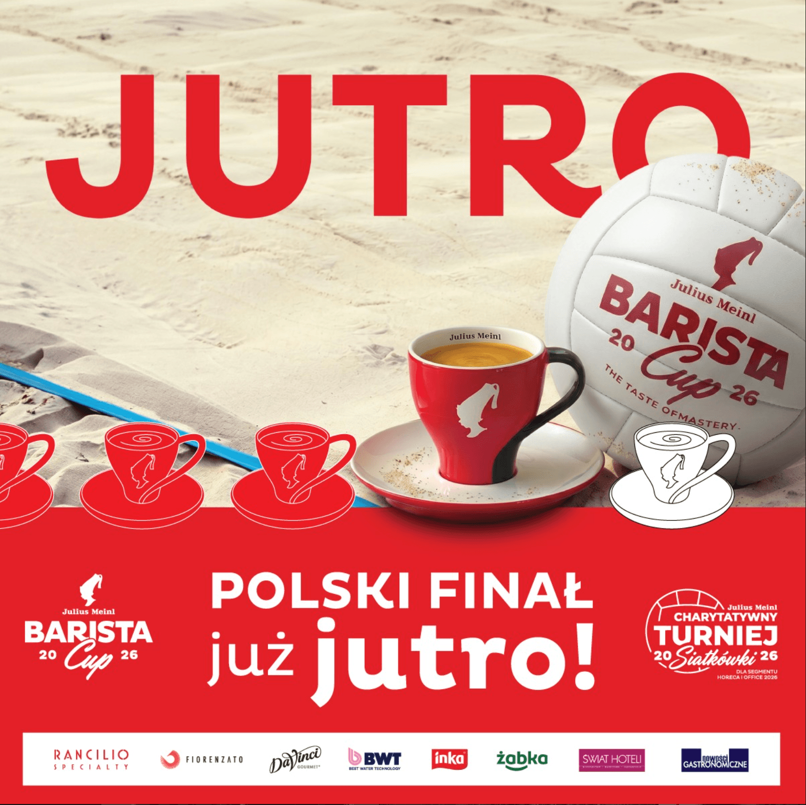 Grafika zapowiadająca polski finał Julius Meinl Barista Cup 2026 — plaża, piłka siatkowa i filiżanka espresso