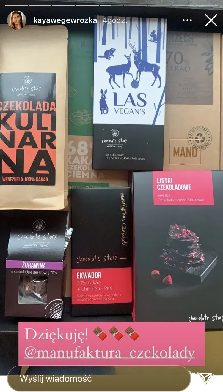Instastory influencerki testującej czekoladę Las Vegan's z komentarzem o intensywnym smaku i bezodpadowym opakowaniu