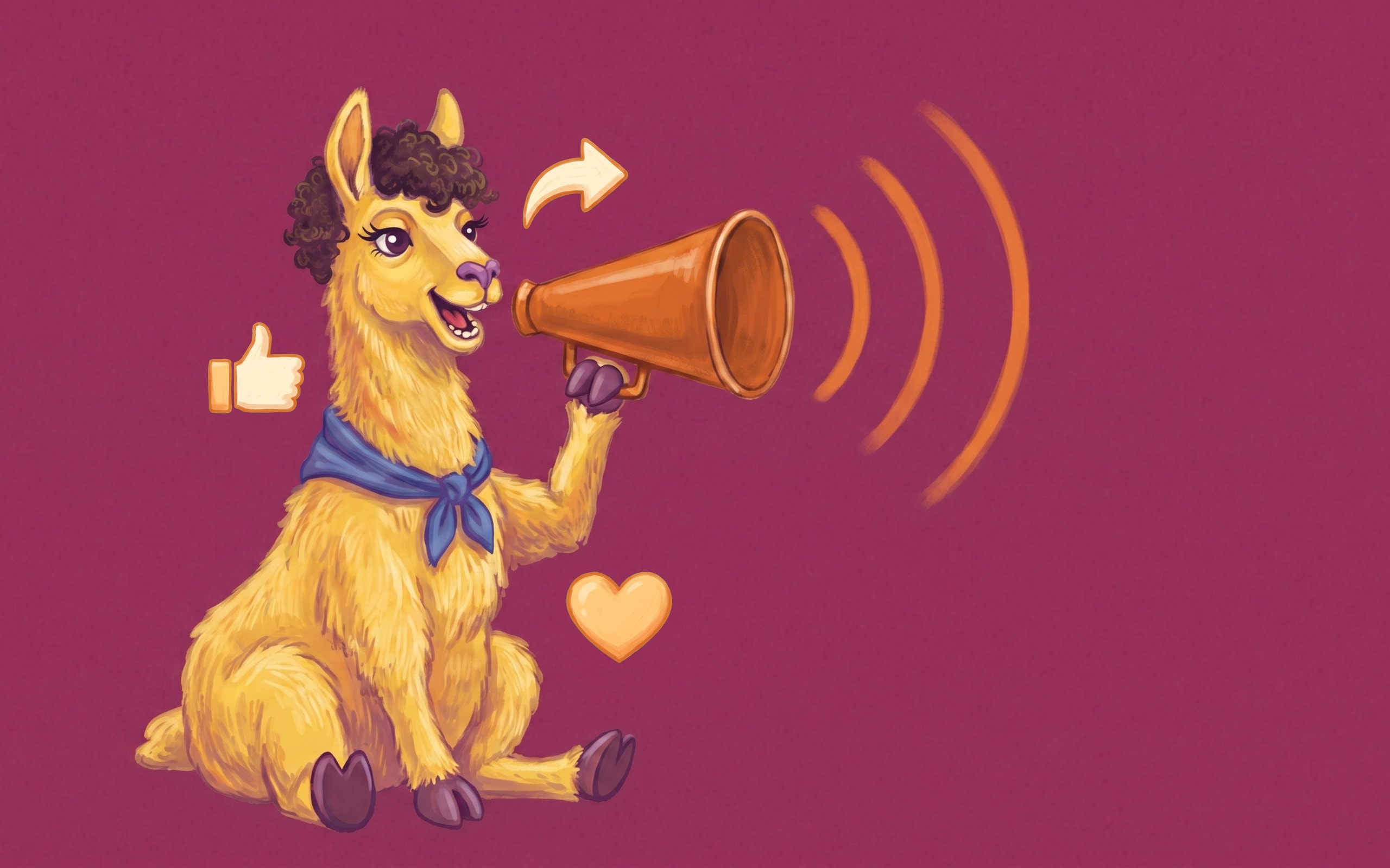 A yellow llama calling out through an orange megaphone