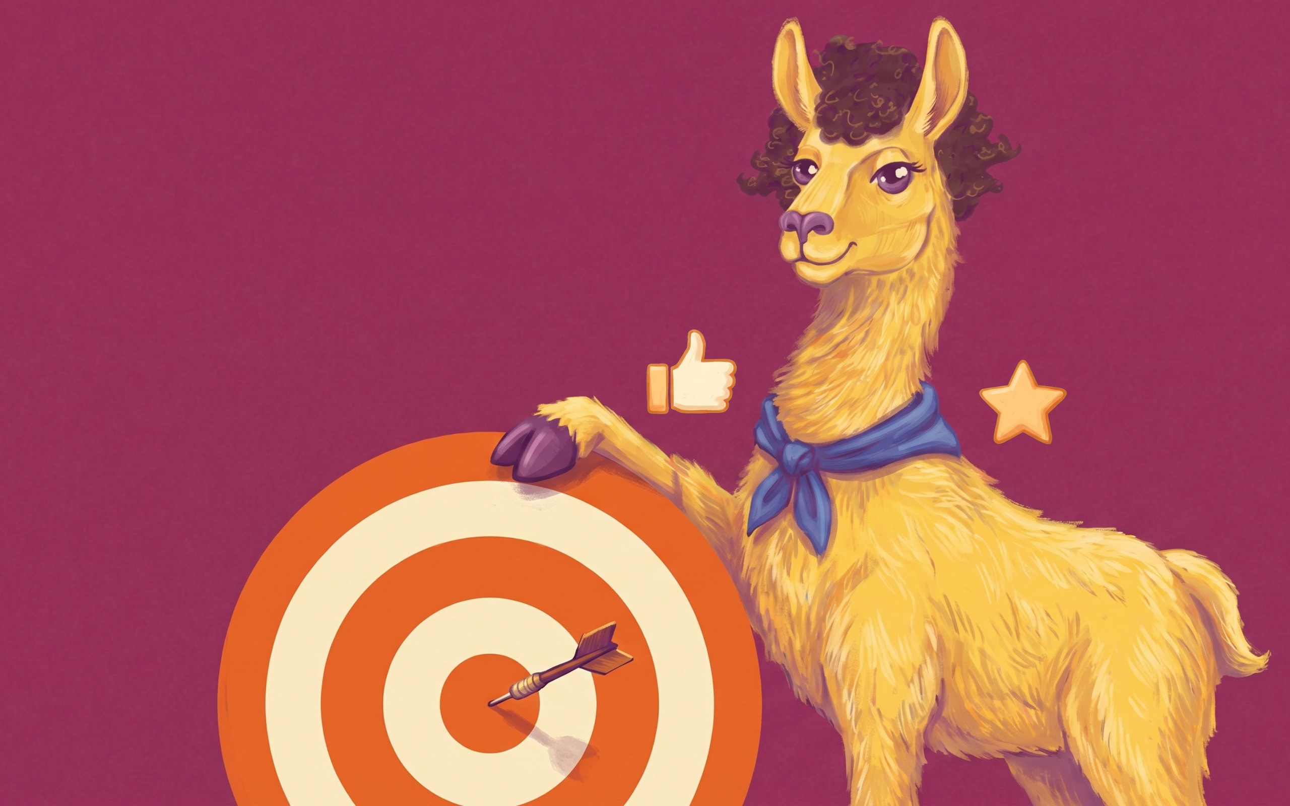 A yellow llama leaning on a target board with a dart in the bullseye