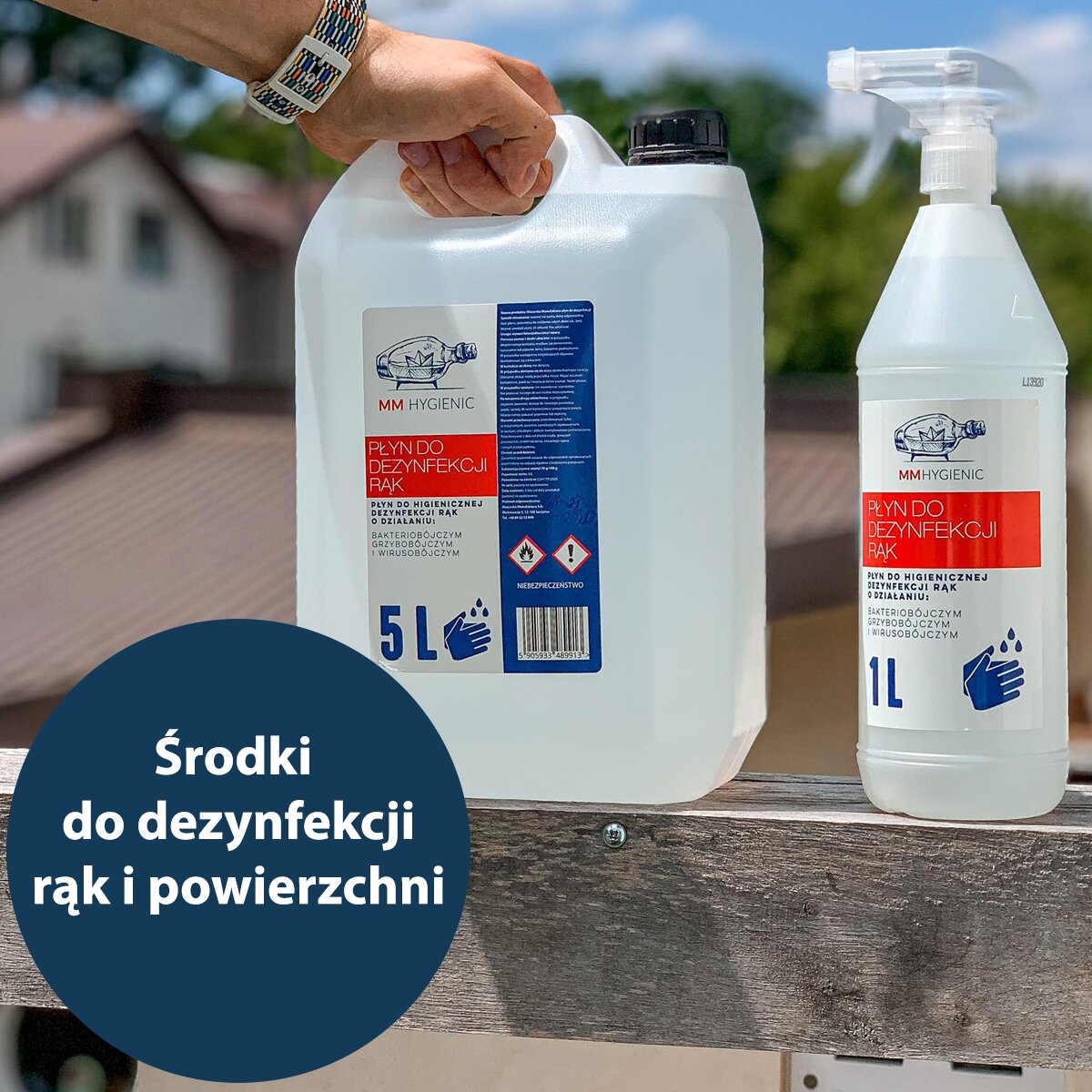 Kreacja graficzna „Środki do dezynfekcji rąk i powierzchni” z kanistrem 5L i butelką 1L MM Hygienic na tarasie