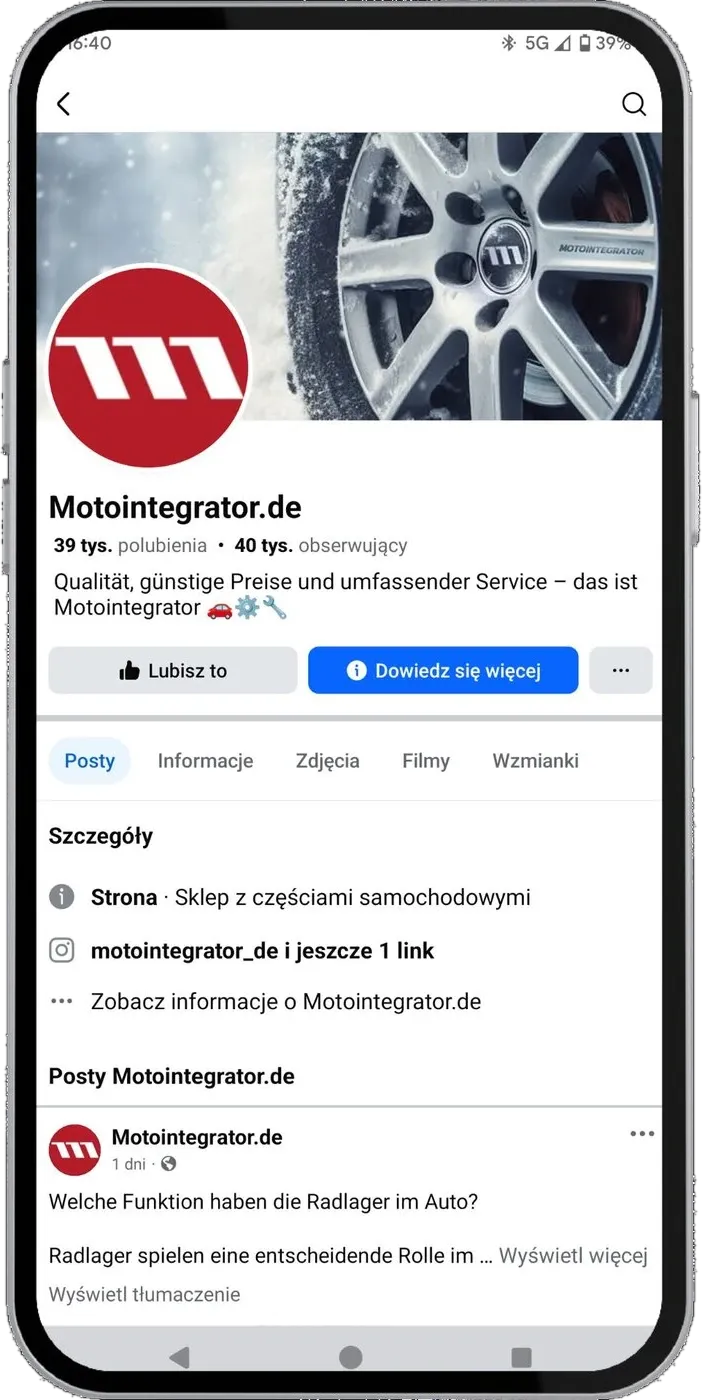 Zrzut ekranu profilu Motointegrator.de na Facebooku — 39 tys. polubień i 40 tys. obserwujących