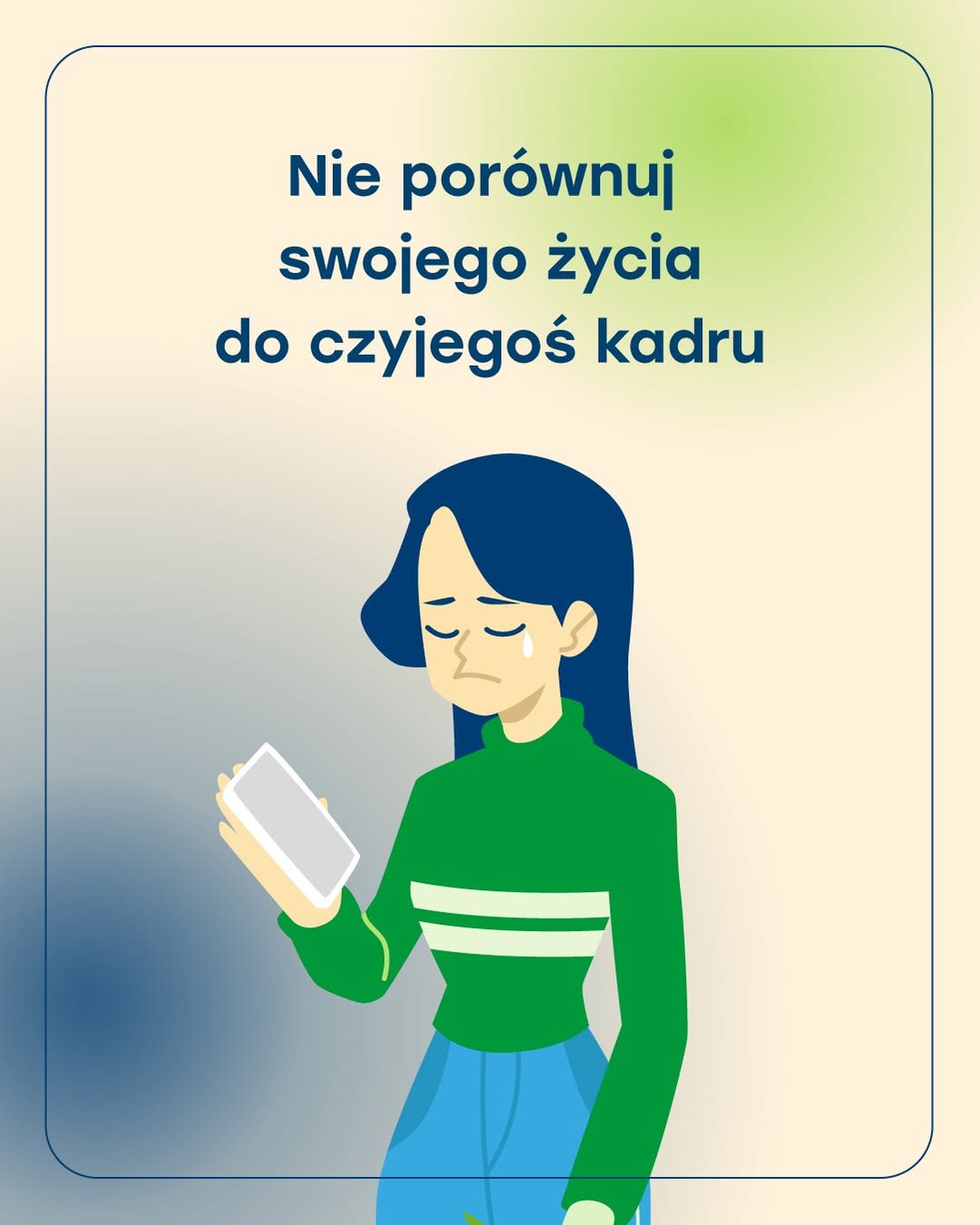 Personal Effect illustration: a tearful woman looking at her phone, headlined "Nie porównuj swojego życia do czyjegoś kadru" ("Don't compare your life to someone else's frame").