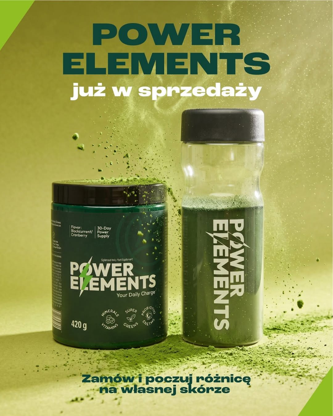 Kreacja Power Elements z puszką suplementu i shakerem w zielonym proszku, hasło „Power Elements już w sprzedaży — zamów i poczuj różnicę na własnej skórze”