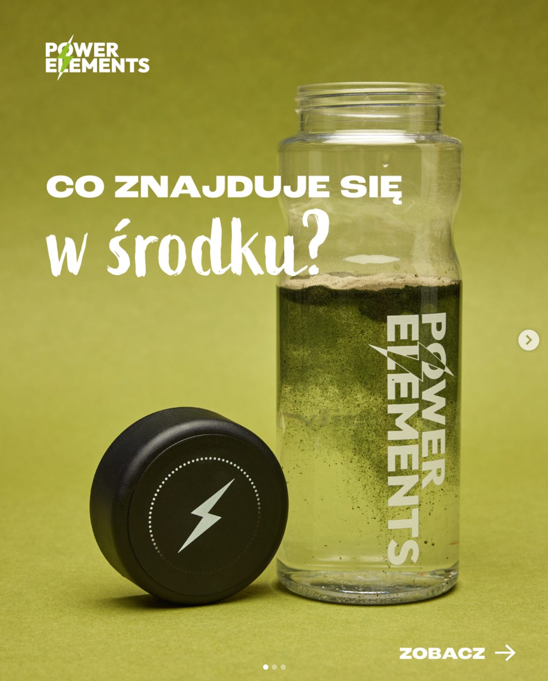 Kreacja Power Elements z shakerem i zakrętką, hasło „Co znajduje się w środku?”
