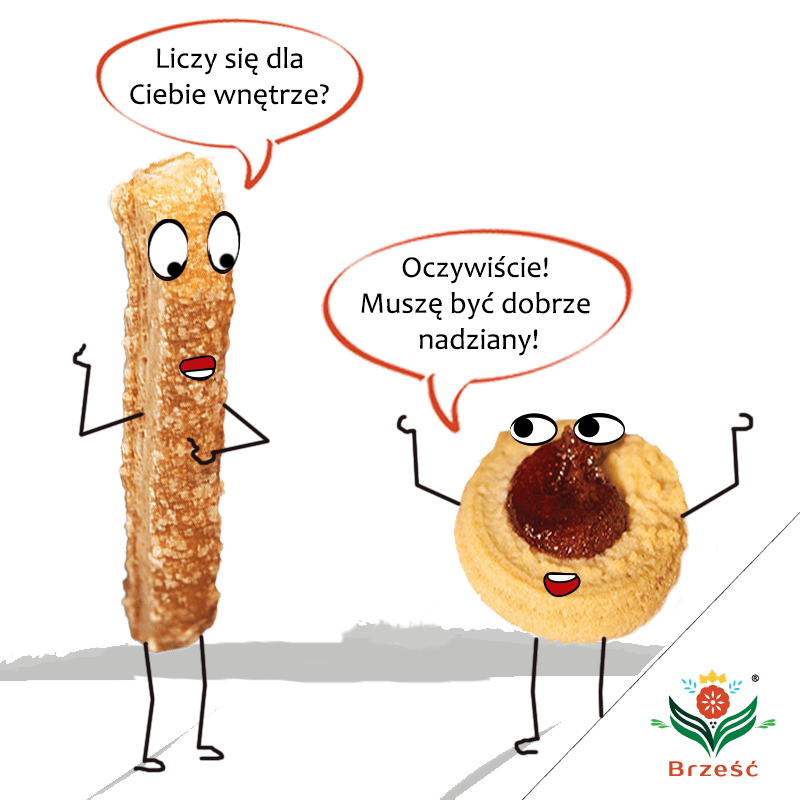 Komiksowa kreacja Produktów Cukierniczych Brześć — słomka pyta kruche ciastko z marmoladą, czy liczy się wnętrze („Muszę być dobrze nadziany!”)