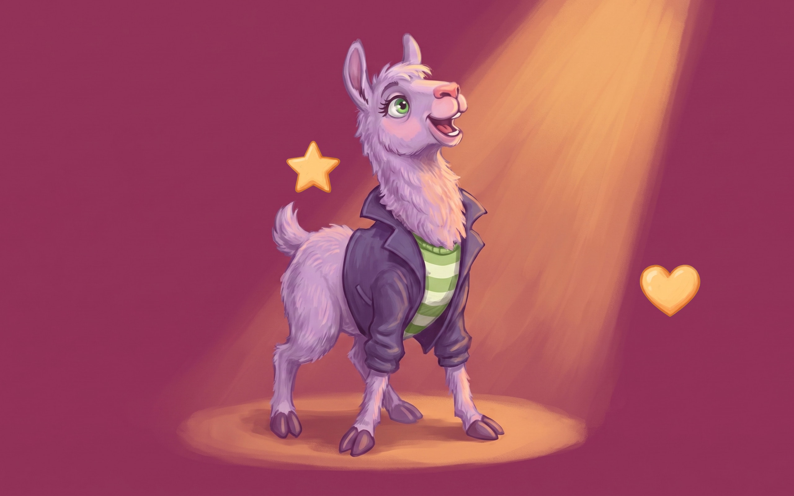A purple llama taking a bow in a spotlight