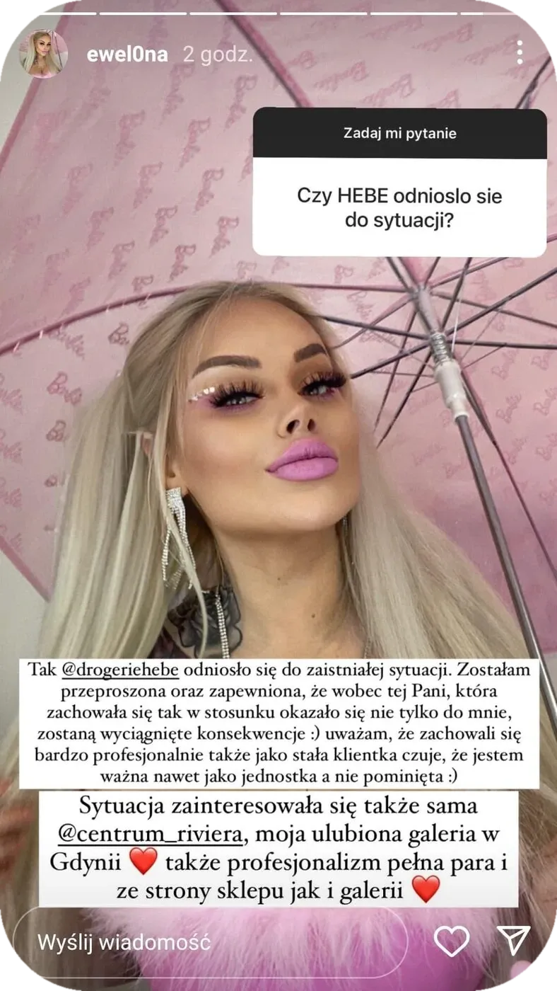 Zrzut z Instagram stories influencerki @ewel0na oznaczającej profil Centrum Riviera