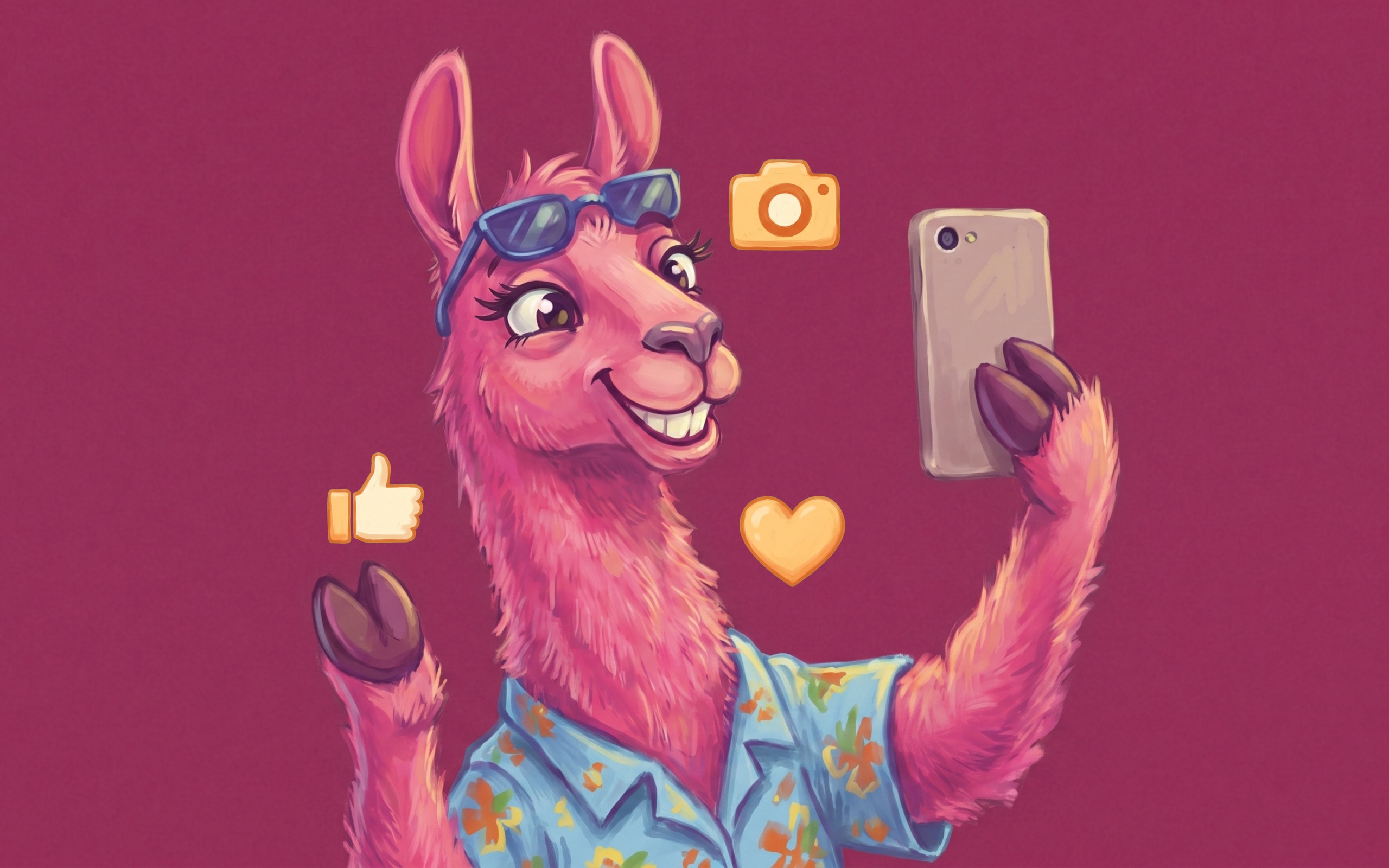 A pink llama taking a selfie with a phone