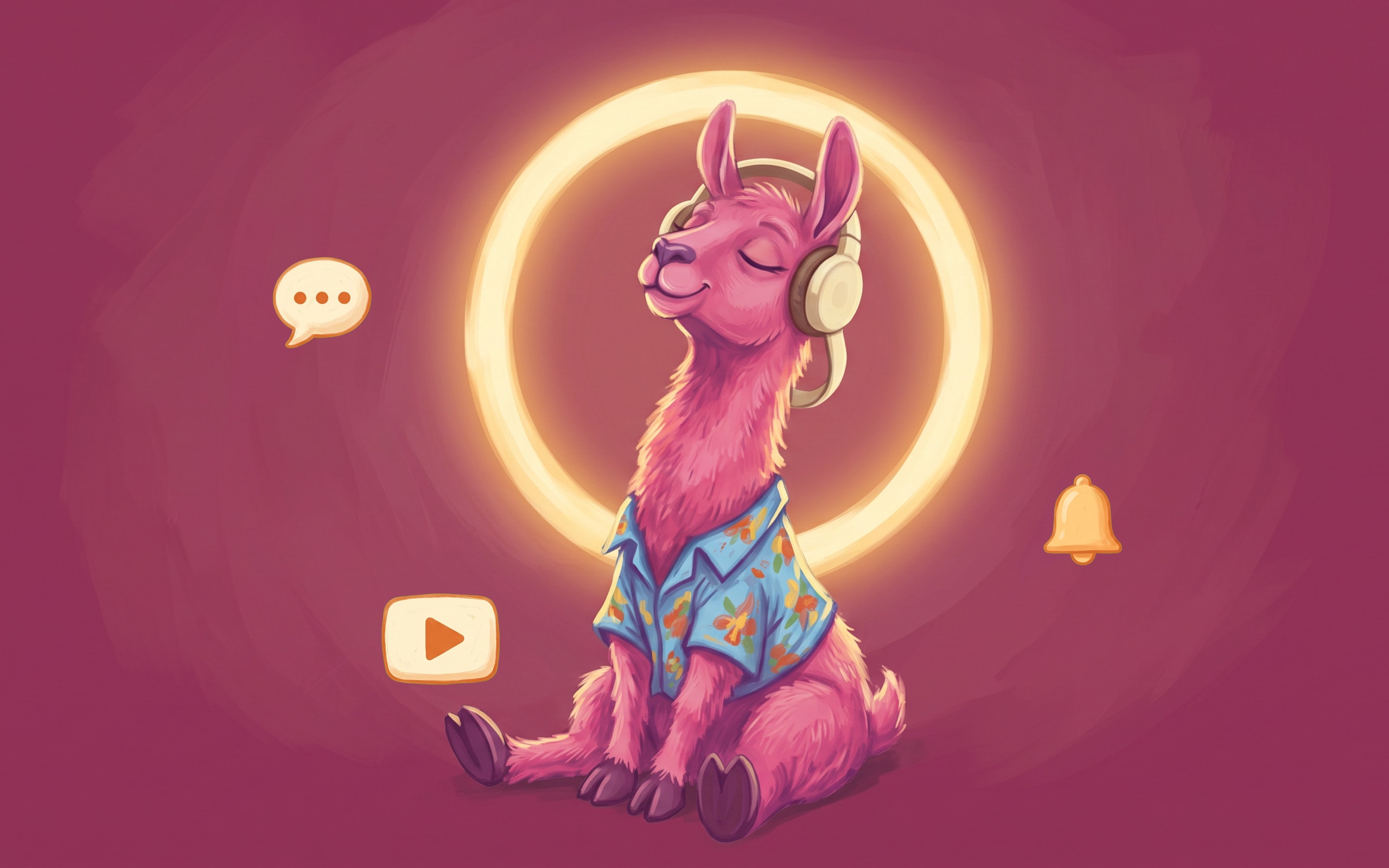 A pink llama in headphones against a glowing ring light