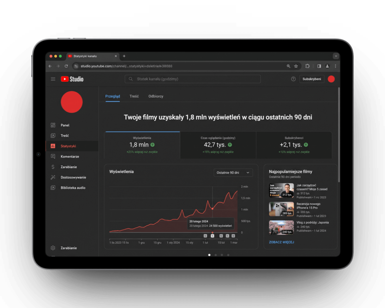 Statystyki kanału YouTube — wzrost wyświetleń
