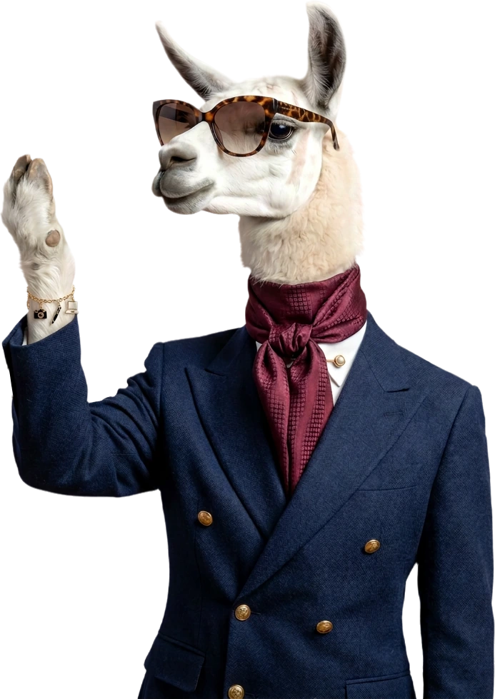 A llama in a navy suit and burgundy cravat with one raised paw — the Social Lama mascot